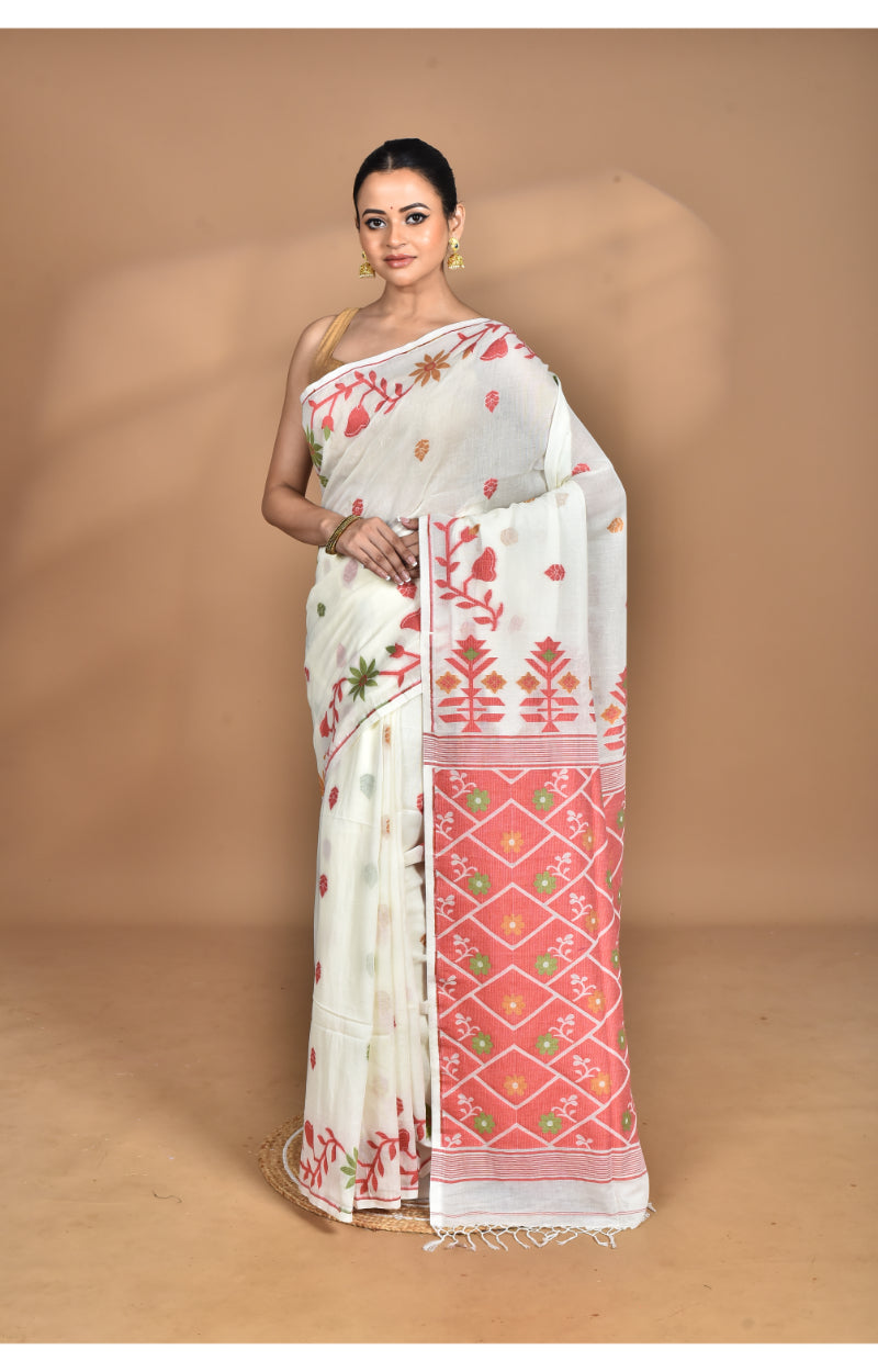 Morchari Pure Cotton Dhakai Jamdani Handloom Saree-Off White | Grocsy
