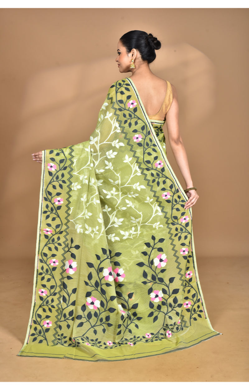 Morchari Pure Cotton Dhakai Jamdani Handloom Saree-Green | Grocsy