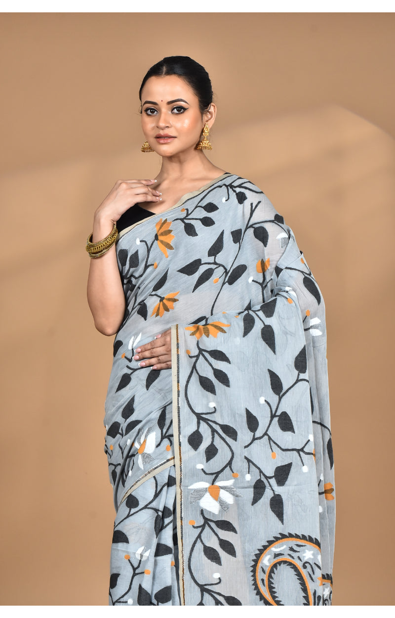 Morchari Pure Cotton Dhakai Jamdani Handloom Saree-Grey | Grocsy