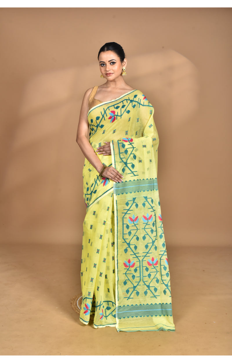 Morchari Pure Cotton Dhakai Jamdani Handloom Saree-Yellow | Grocsy