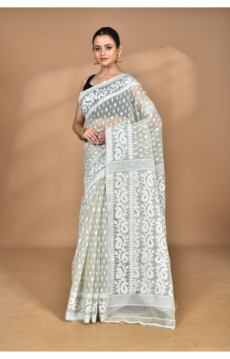 Morchari Pure Cotton Dhakai Jamdani Handloom Saree-Grey | Grocsy