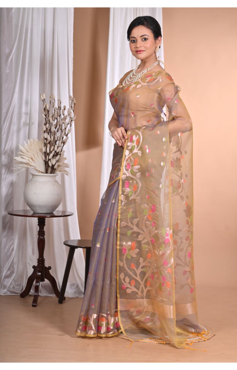 Morchari Heavy Jamdani Silk Orzanga Saree-Mehendi | Grocsy