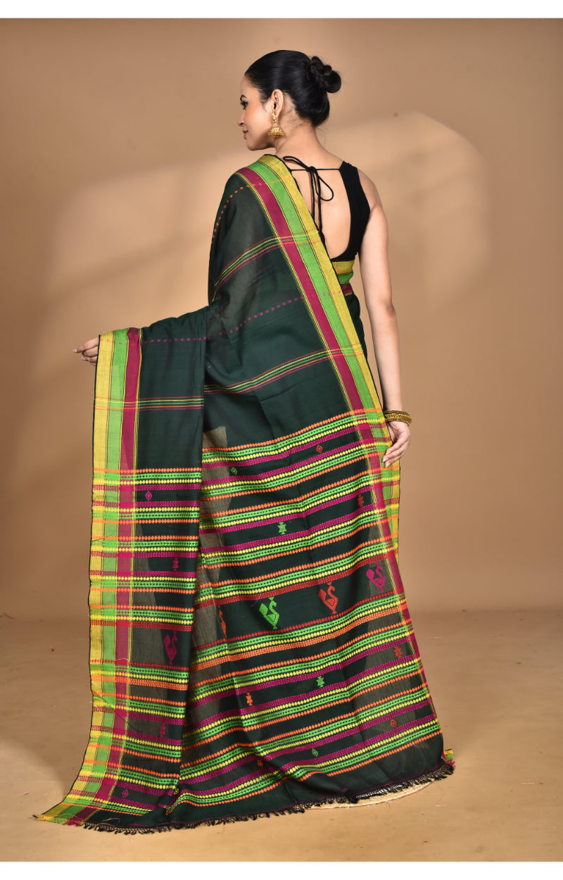 Morchari Pure Cotton Dhakai Jamdani Handloom Saree-Green | Grocsy