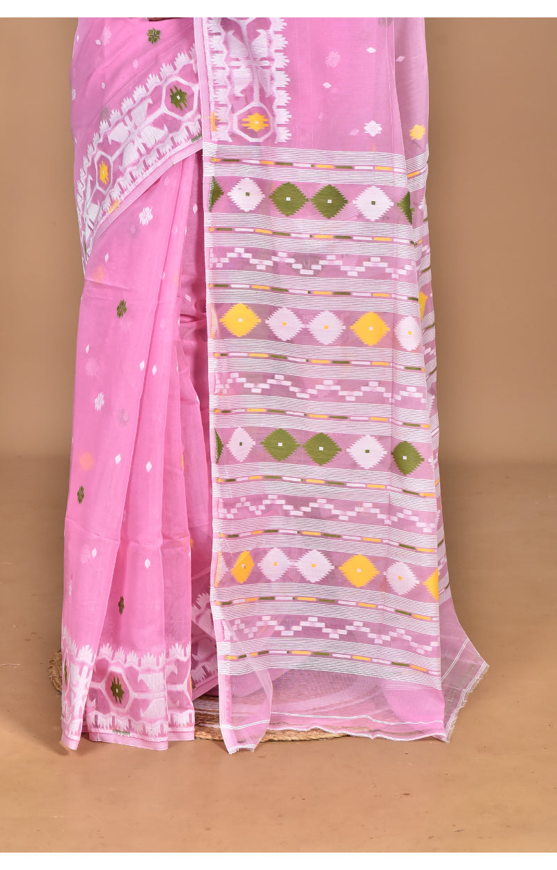Morchari Pure Cotton Dhakai Jamdani Handloom Saree-Pink | Grocsy
