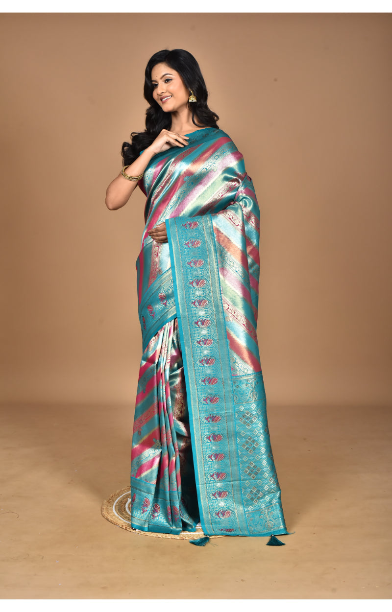 Morchari Ethnic Motifs Silk Blend Dharmavaram Saree-Green | Grocsy