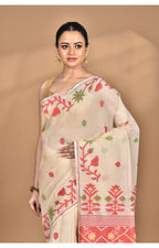 Morchari Pure Cotton Dhakai Jamdani Handloom Saree-Cream | Grocsy