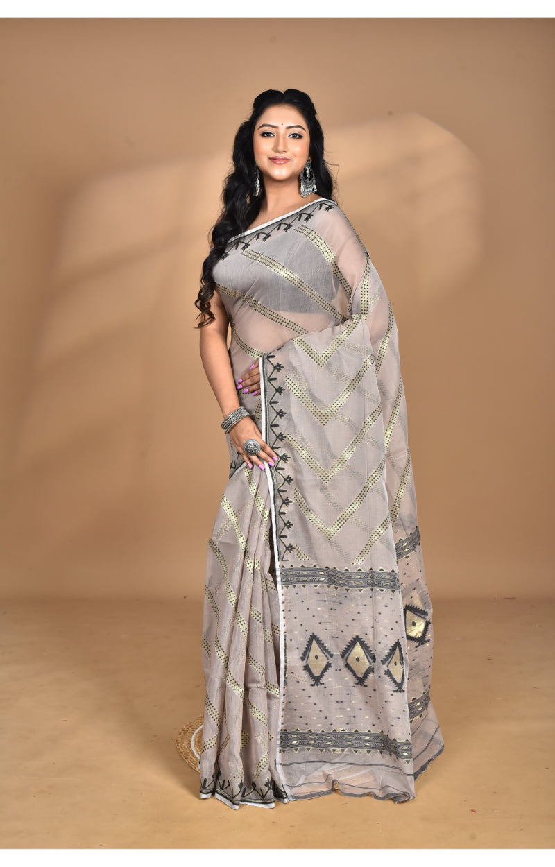 Morchari Pure Cotton Dhakai Jamdani Handloom Saree-Beige | Grocsy