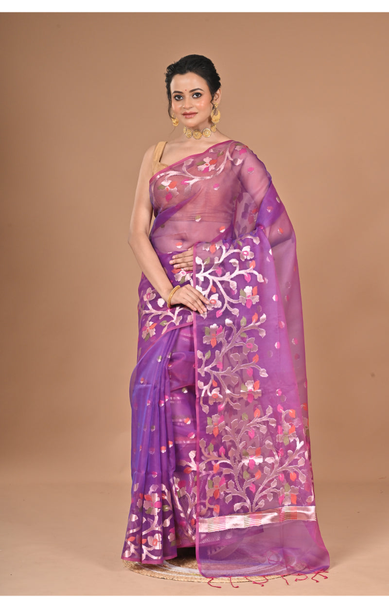 Morchari Semi Orzanga Jamdani Silk Saree-Purple | Grocsy