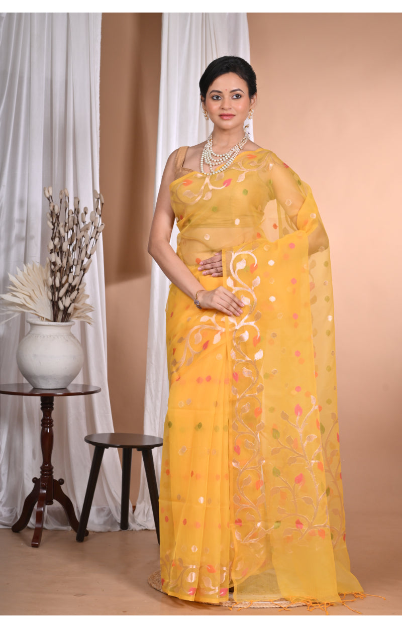 Morchari Heavy Jamdani Silk Orzanga Saree-Yellow | Grocsy