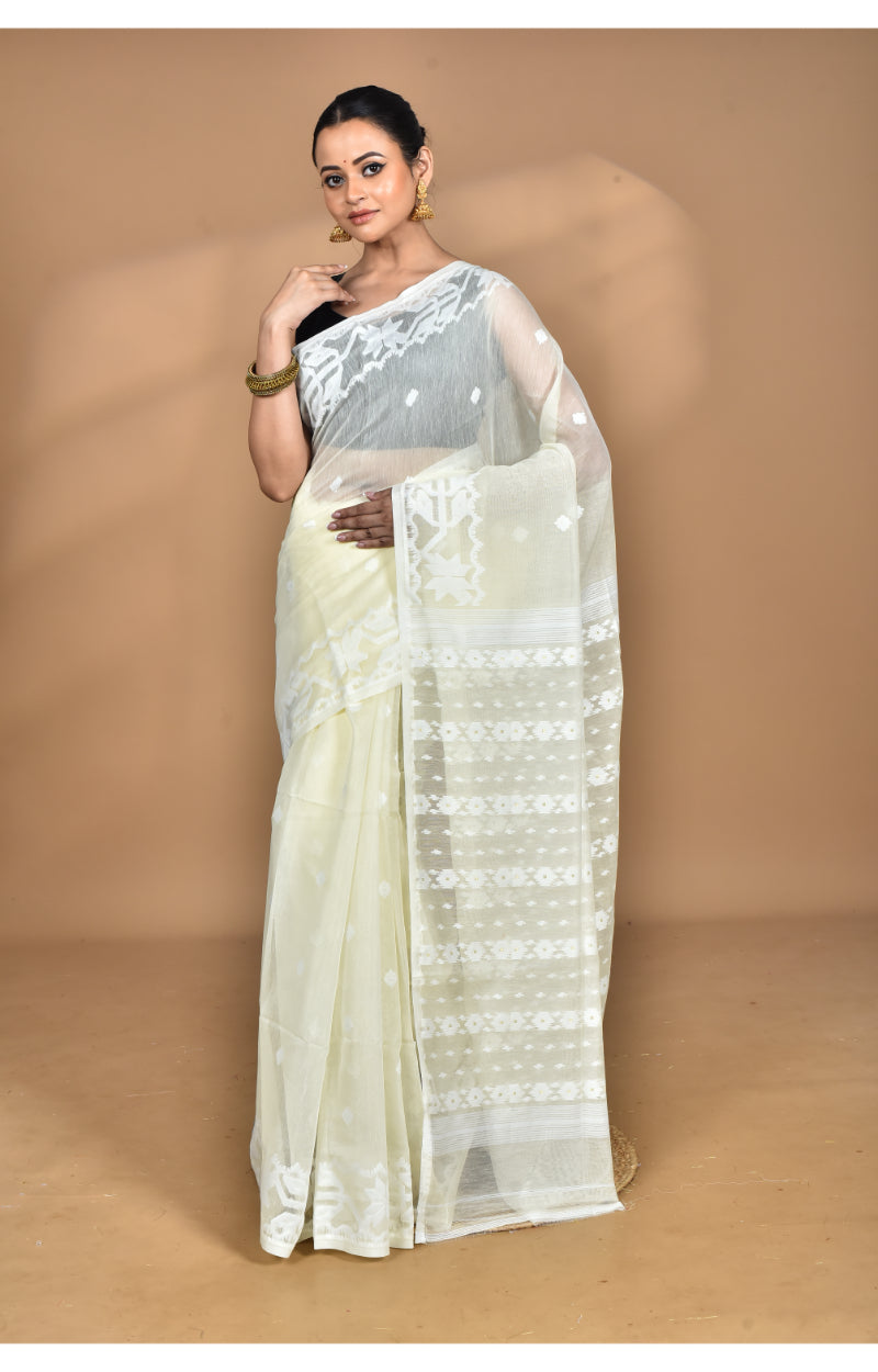 Morchari Pure Cotton Dhakai Jamdani Handloom Saree-Cream | Grocsy