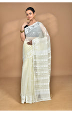 Morchari Pure Cotton Dhakai Jamdani Handloom Saree-Cream | Grocsy