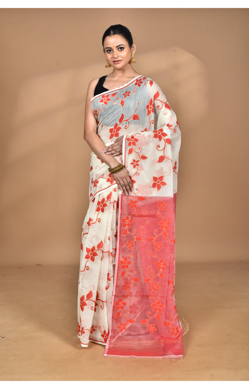 Morchari Pure Cotton Dhakai Jamdani Handloom Saree-Off White | Grocsy