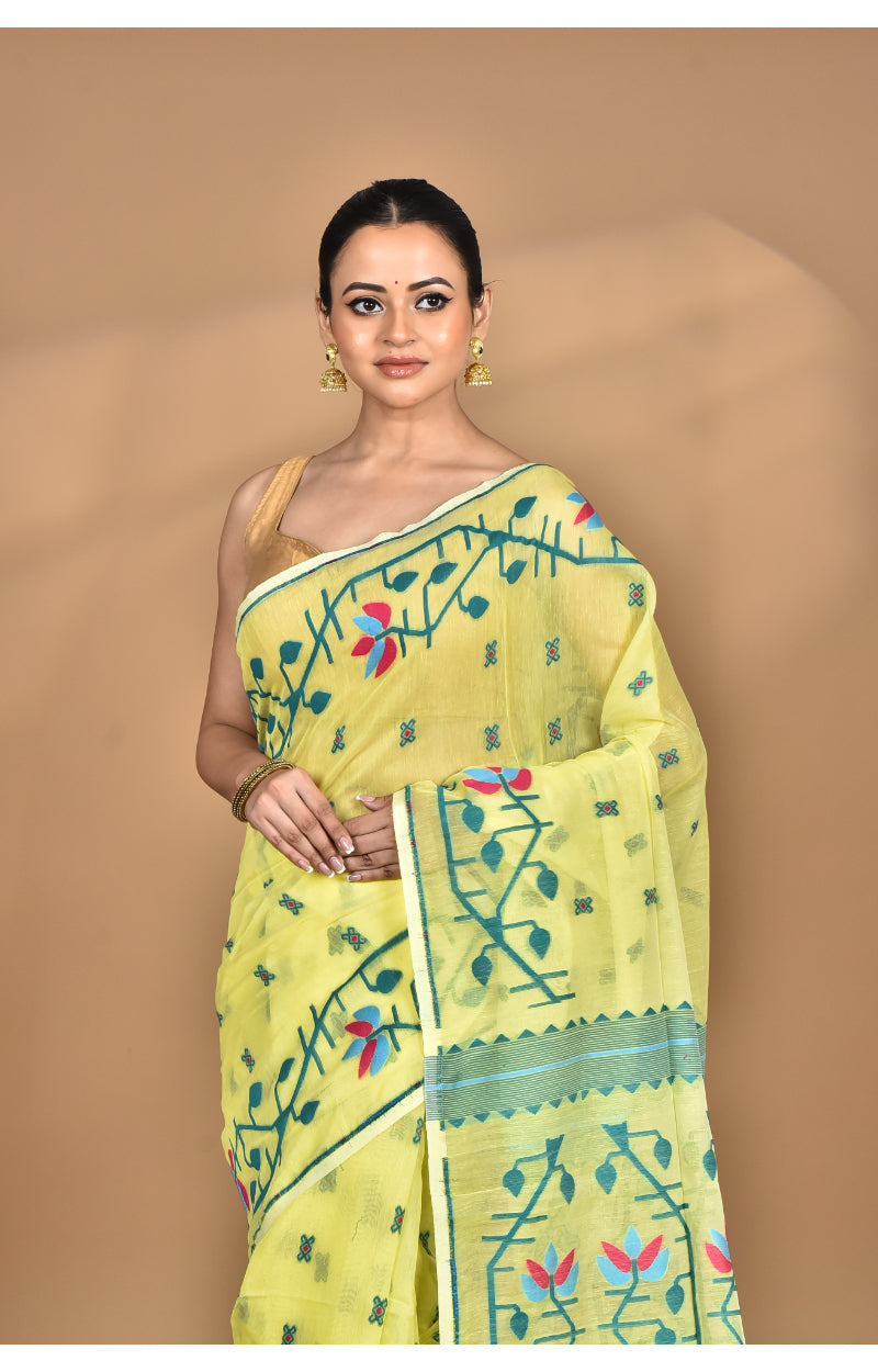 Morchari Pure Cotton Dhakai Jamdani Handloom Saree-Yellow | Grocsy