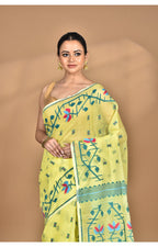 Morchari Pure Cotton Dhakai Jamdani Handloom Saree-Yellow | Grocsy