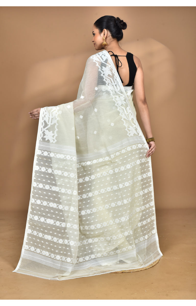 Morchari Pure Cotton Dhakai Jamdani Handloom Saree-Cream | Grocsy