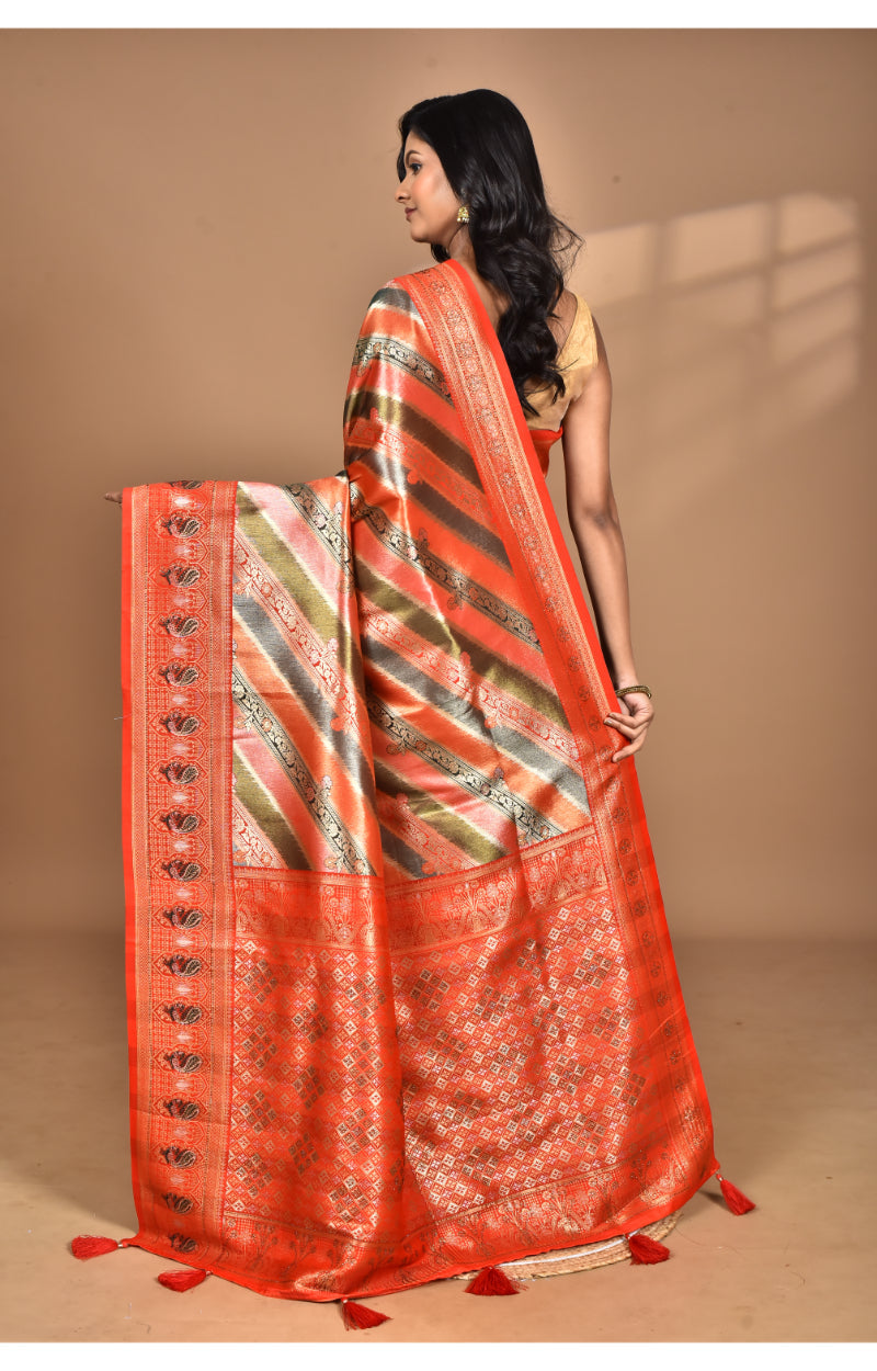 Morchari Ethnic Motifs Silk Blend Dharmavaram Saree-Orange | Grocsy