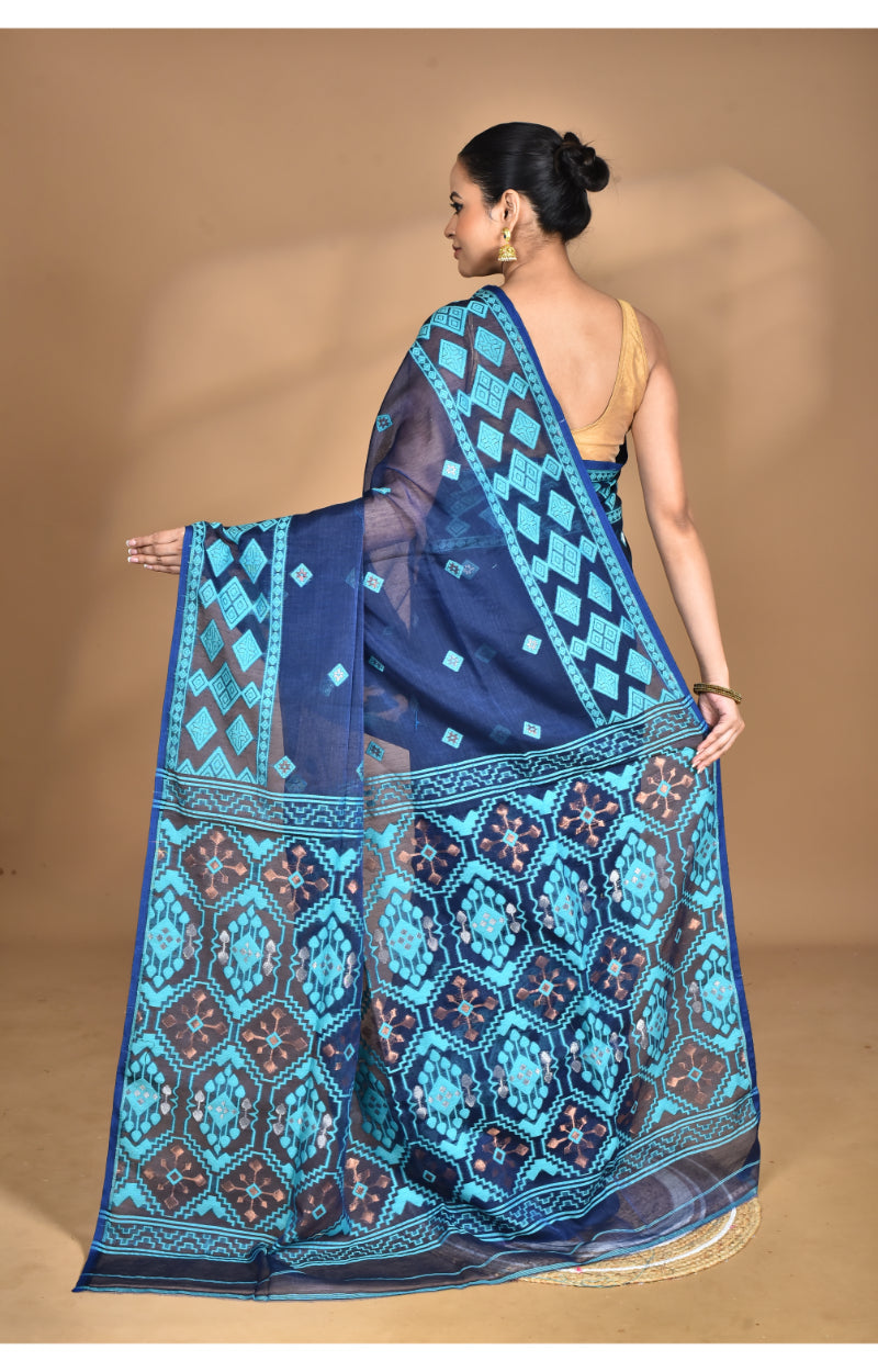 Morchari Pure Cotton Dhakai Jamdani Handloom Saree-Blue | Grocsy