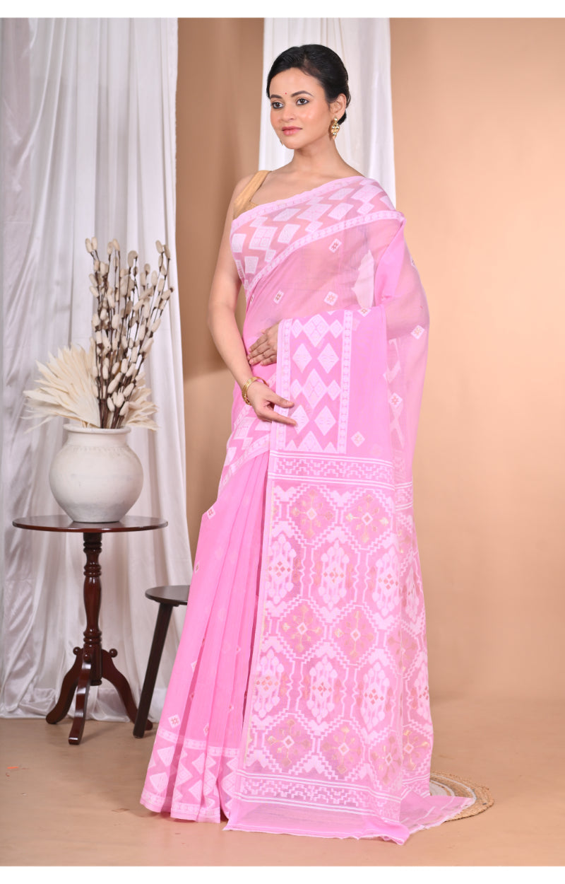 Morchari Pure Cotton Dhakai Jamdani Handloom Saree-Pink | Grocsy
