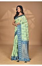 Morchari Women Desgin Kashmiri Silk Linen Saree-Green | Grocsy