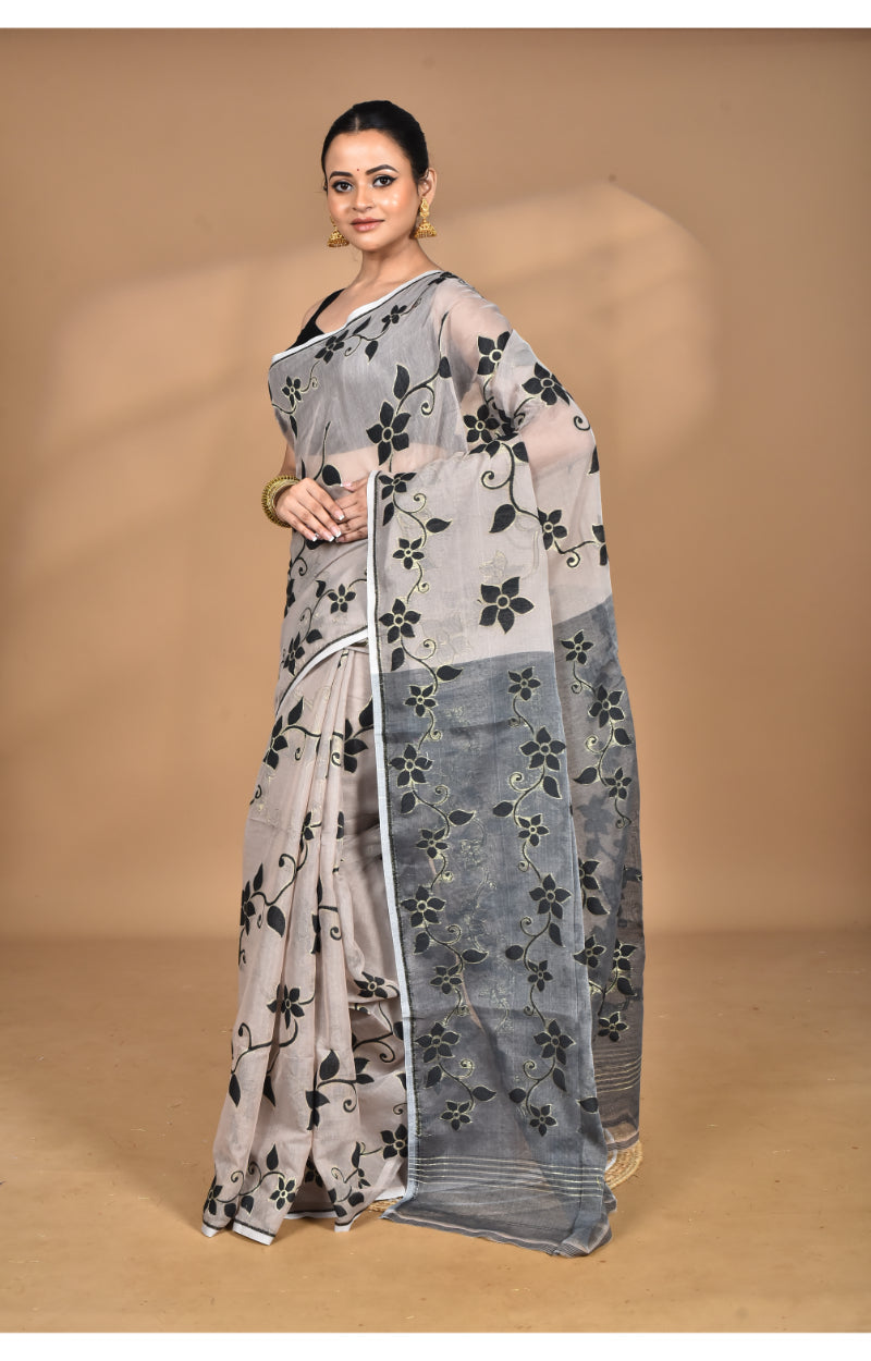 Morchari Pure Cotton Dhakai Jamdani Handloom Saree-Beige | Grocsy