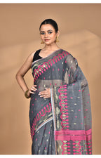 Morchari Pure Cotton Dhakai Jamdani Handloom Saree-Grey | Grocsy