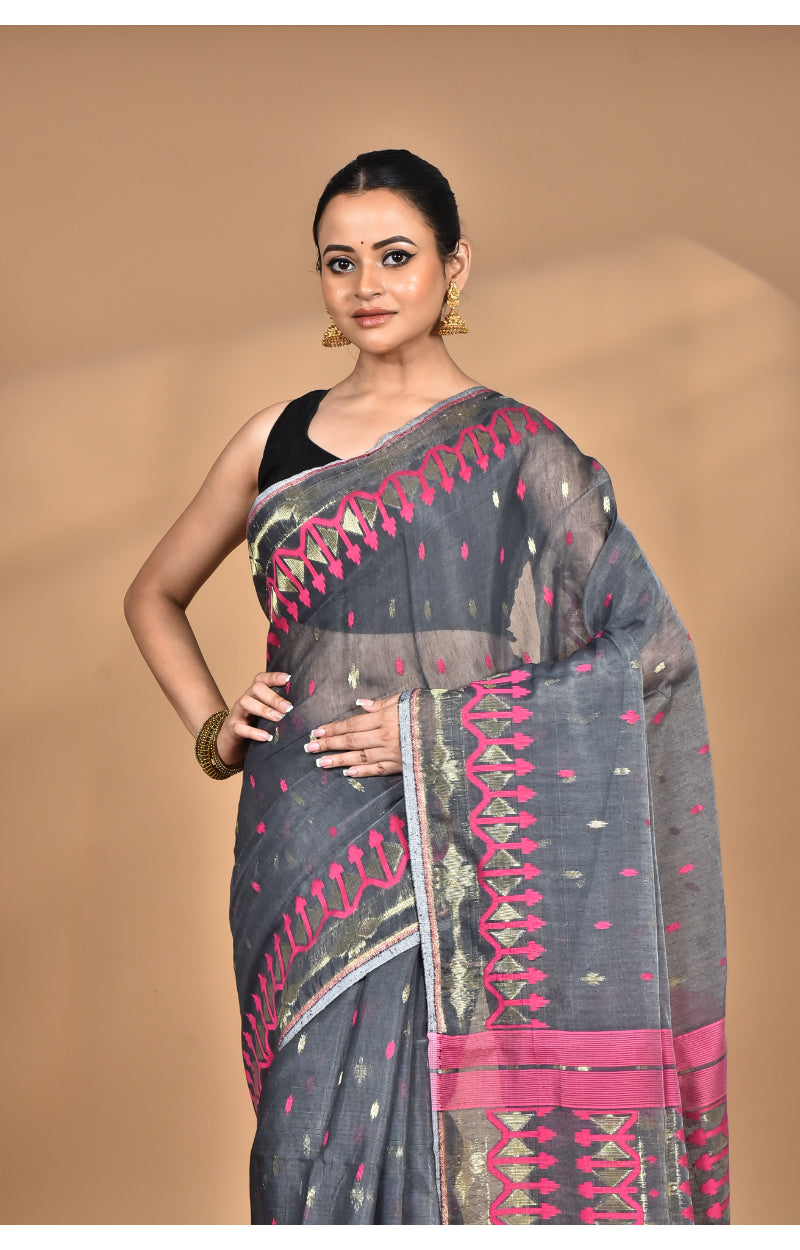 Morchari Pure Cotton Dhakai Jamdani Handloom Saree-Grey | Grocsy