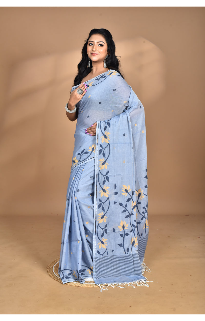 Morchari Pure Cotton Dhakai Jamdani Handloom Saree-Grey | Grocsy