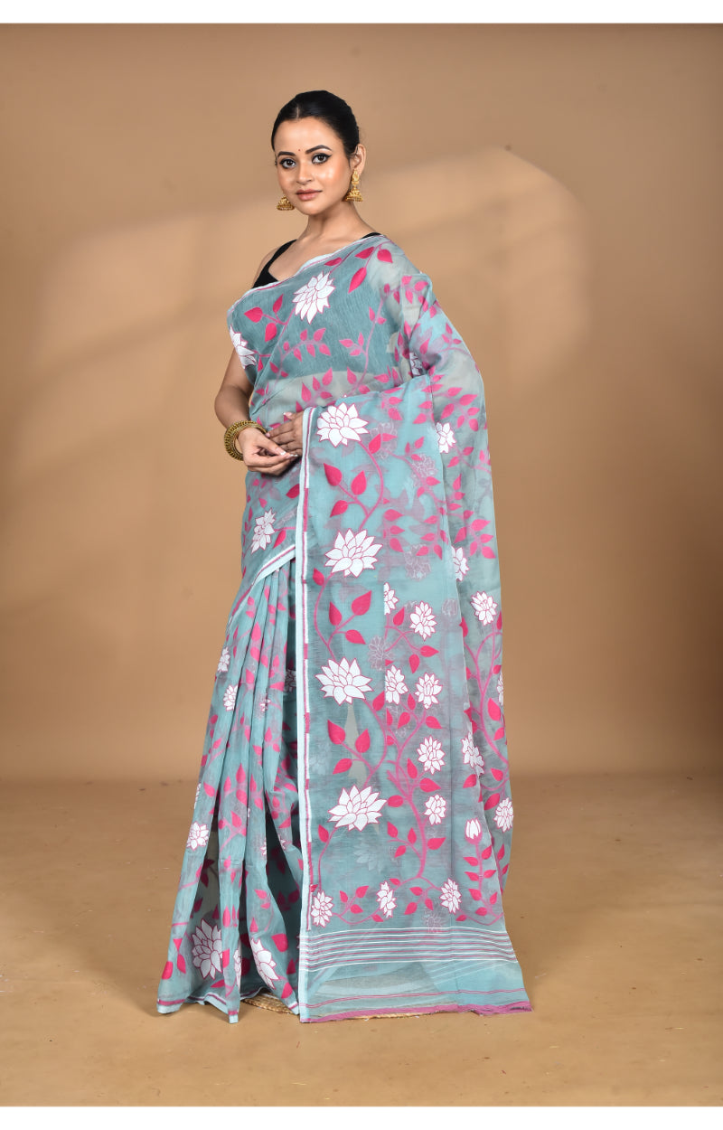 Morchari Pure Cotton Dhakai Jamdani Handloom Saree-Blue | Grocsy