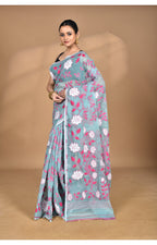 Morchari Pure Cotton Dhakai Jamdani Handloom Saree-Blue | Grocsy