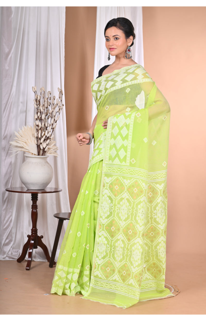 Morchari Pure Cotton Dhakai Jamdani Handloom Saree-Green | Grocsy