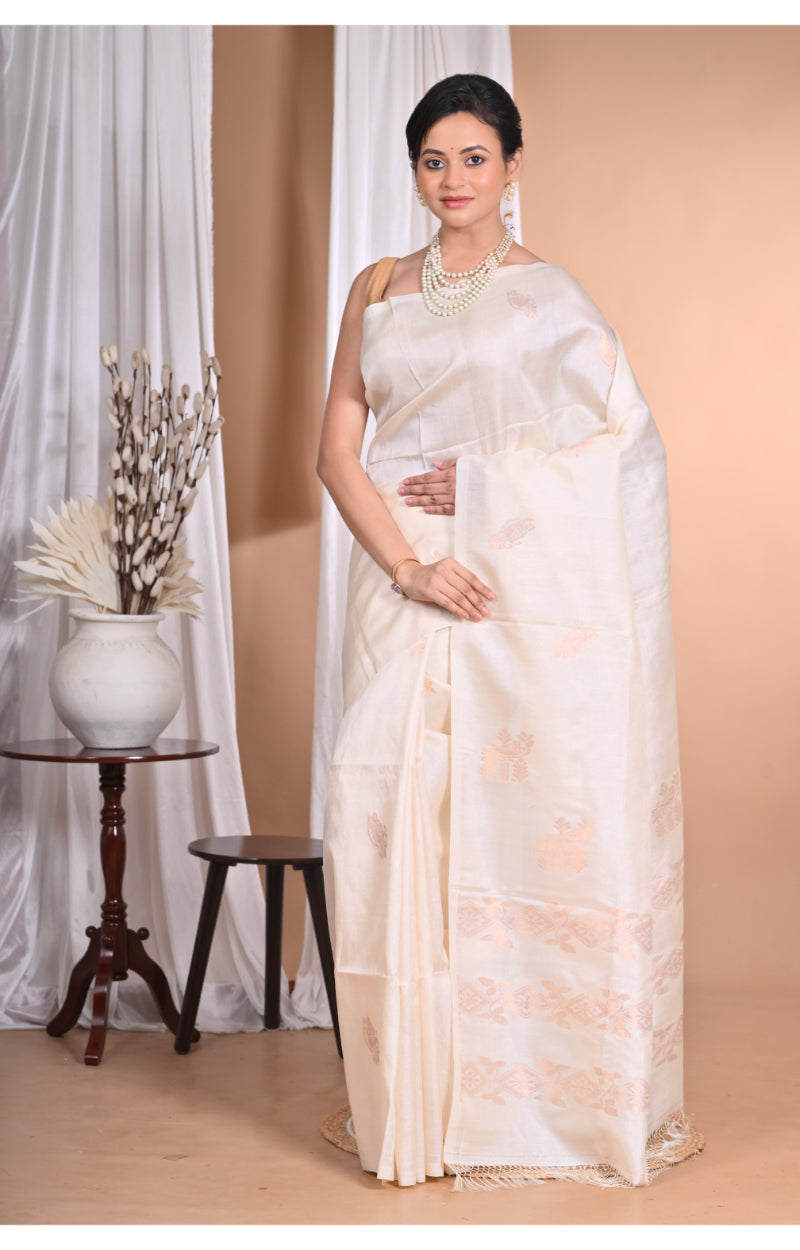 Morchari Pure Tussar Silk Handloom Saree-Cream | Grocsy