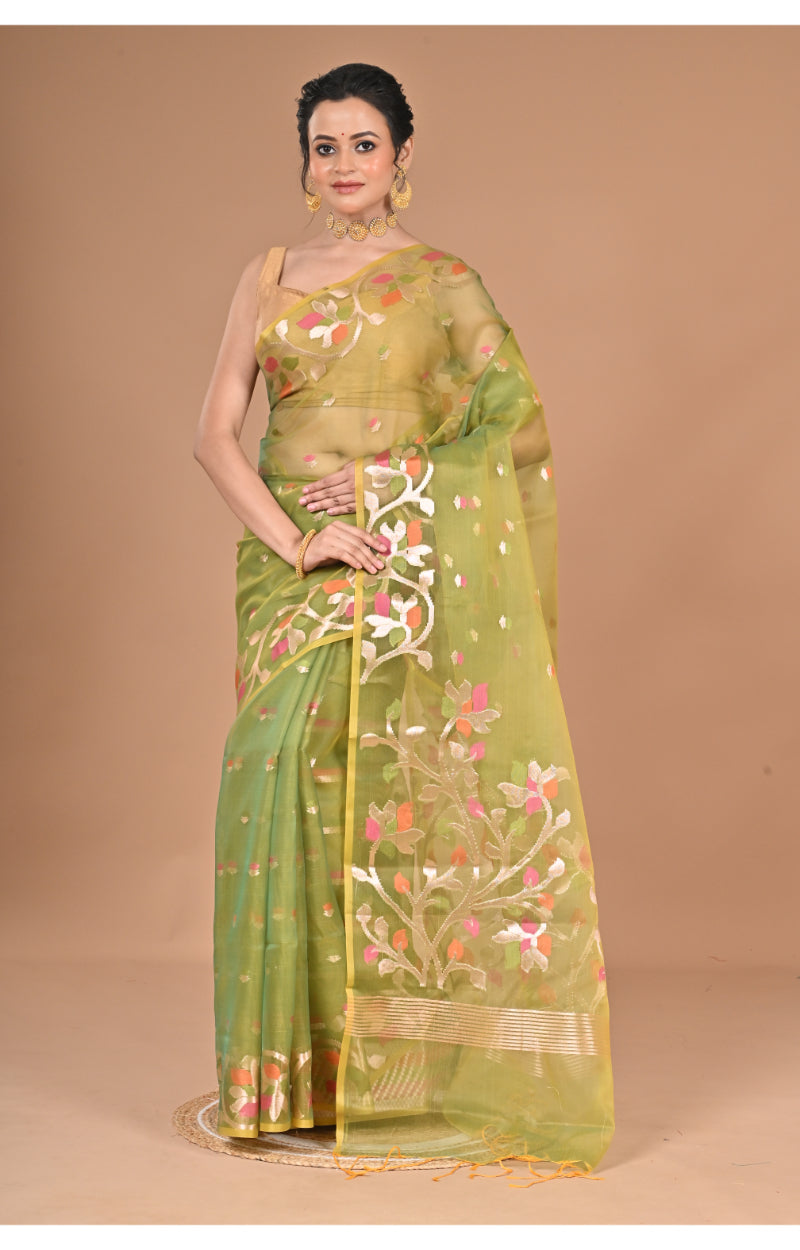 Morchari Heavy Jamdani Silk Orzanga Saree-Green | Grocsy