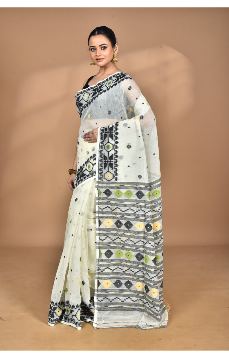 Morchari Pure Cotton Dhakai Jamdani Handloom Saree-Multi | Grocsy
