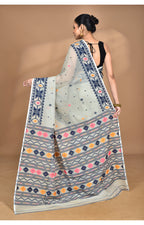 Morchari Pure Cotton Dhakai Jamdani Handloom Saree-Grey | Grocsy