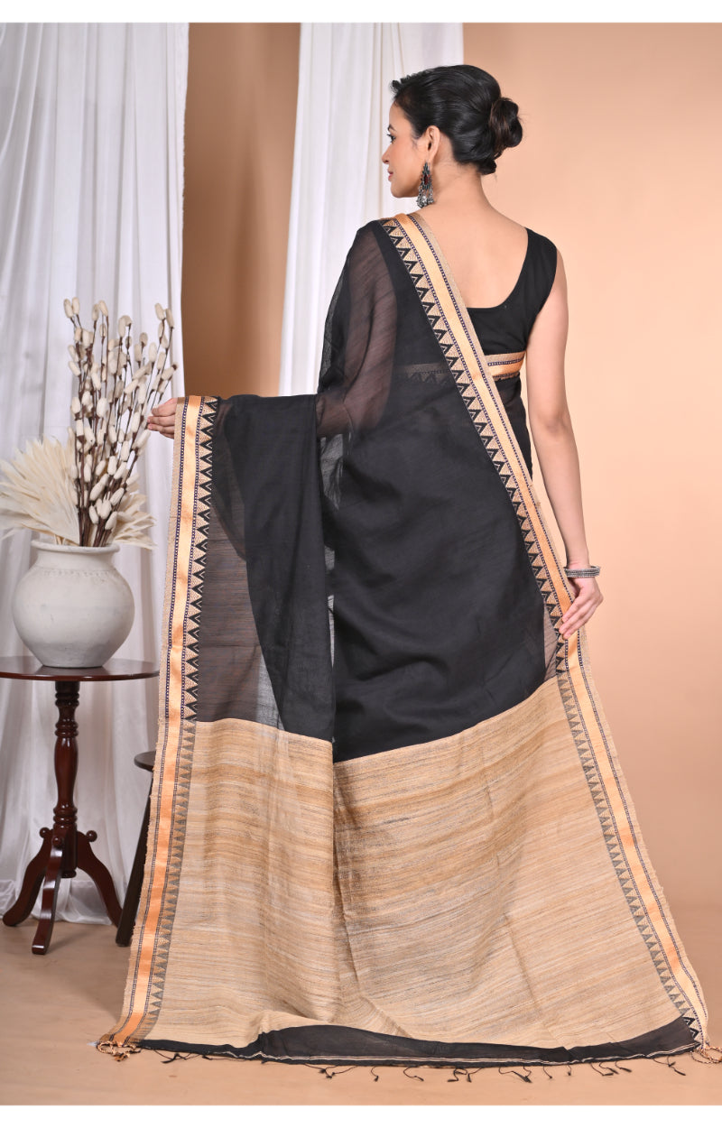 Morchari Pure Cotton Dhakai Jamdani Handloom Saree-Black | Grocsy