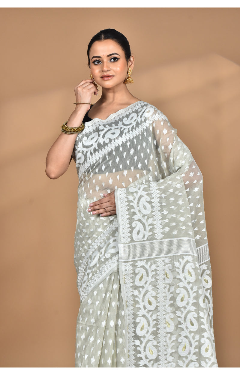 Morchari Pure Cotton Dhakai Jamdani Handloom Saree-Grey | Grocsy