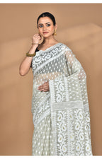Morchari Pure Cotton Dhakai Jamdani Handloom Saree-Grey | Grocsy