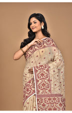 Morchari Pure Cotton Dhakai Jamdani Handloom Saree-Beige | Grocsy