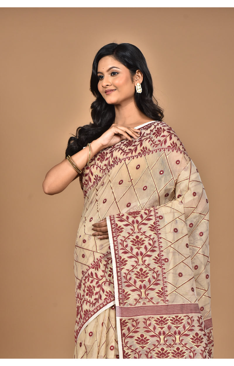 Morchari Pure Cotton Dhakai Jamdani Handloom Saree-Beige | Grocsy