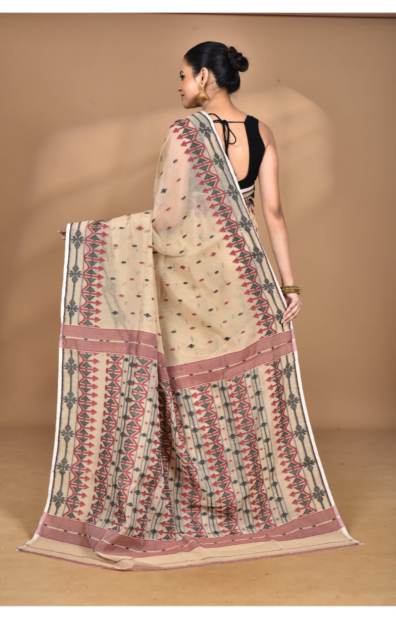 Morchari Pure Cotton Dhakai Jamdani Handloom Saree-Beige | Grocsy
