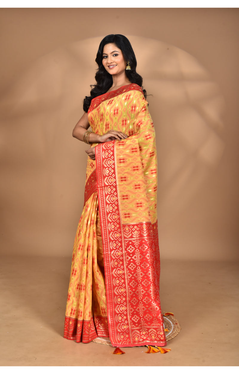 Morchari Women Desgin Kashmiri Silk Linen Saree-Yellow | Grocsy