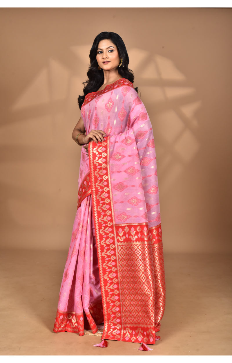 Morchari Women Desgin Kashmiri Silk Linen Saree-Pink | Grocsy