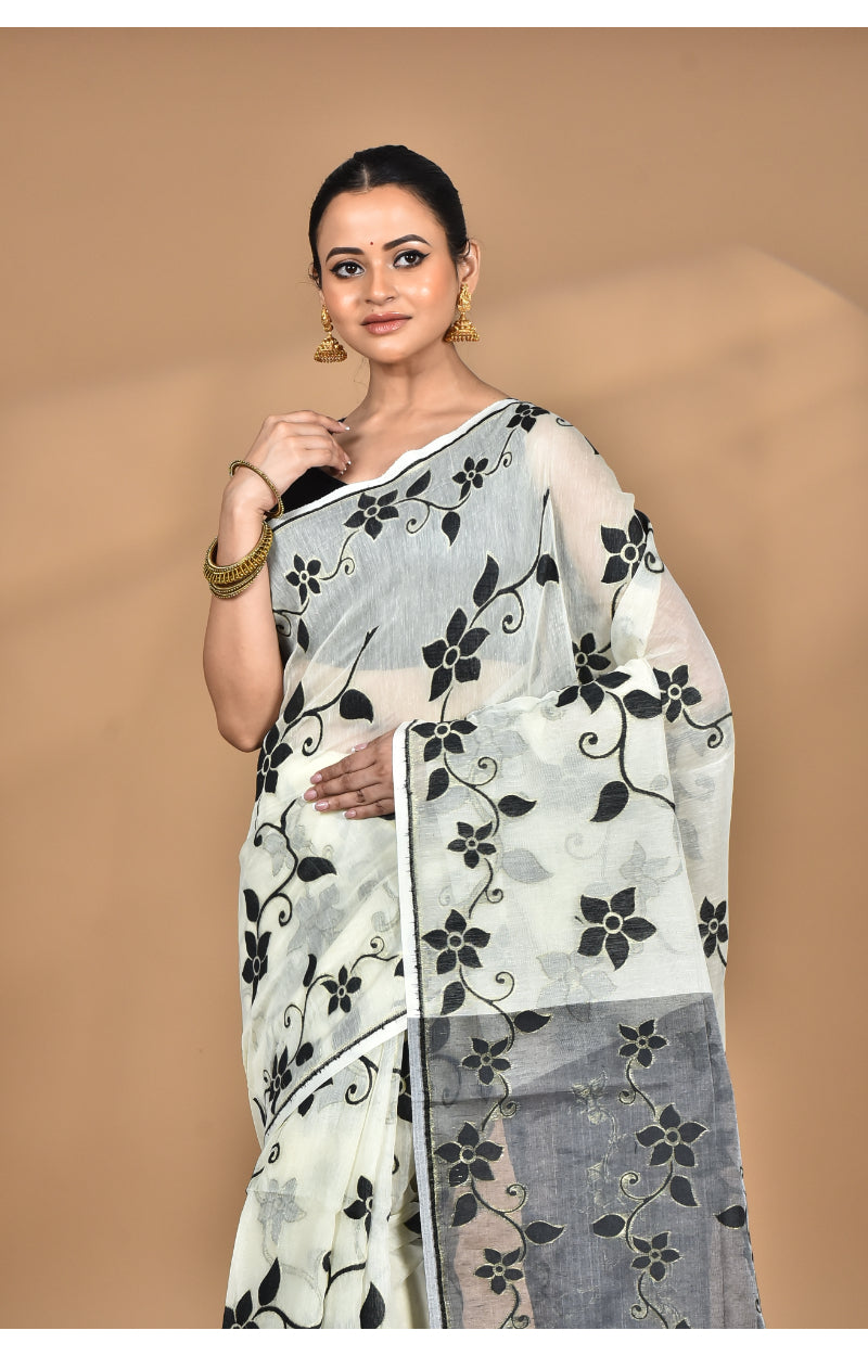 Morchari Pure Cotton Dhakai Jamdani Handloom Saree-Cream | Grocsy