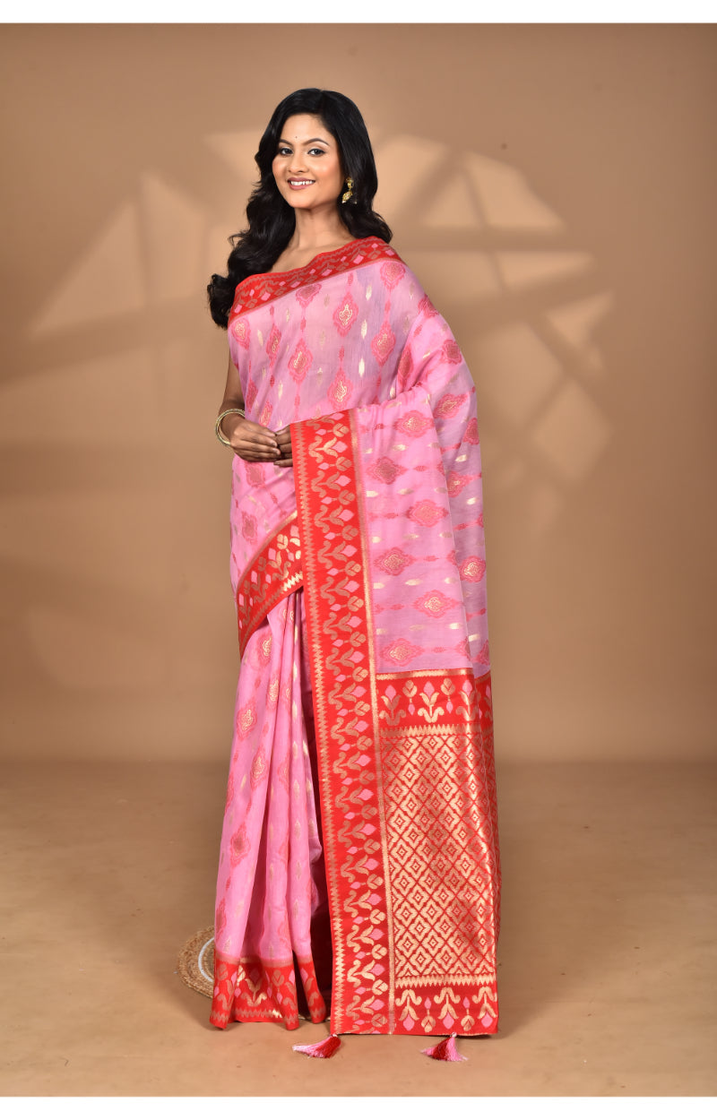 Morchari Women Desgin Kashmiri Silk Linen Saree-Pink | Grocsy