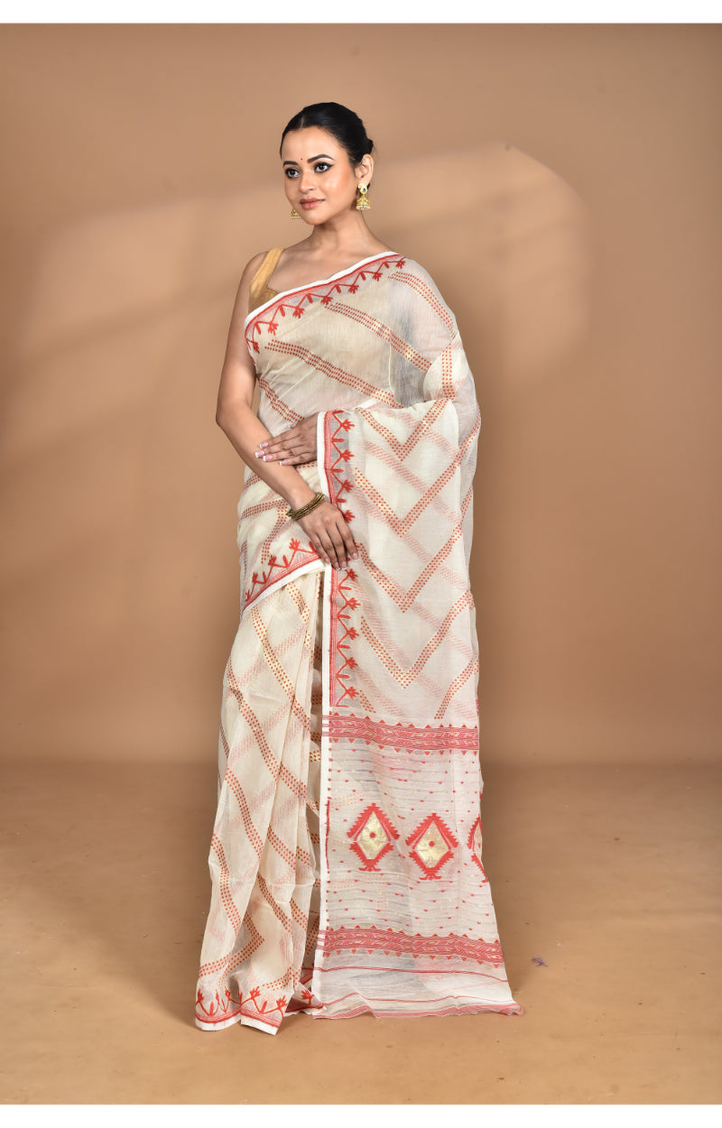 Morchari Pure Cotton Dhakai Jamdani Handloom Saree-Cream | Grocsy
