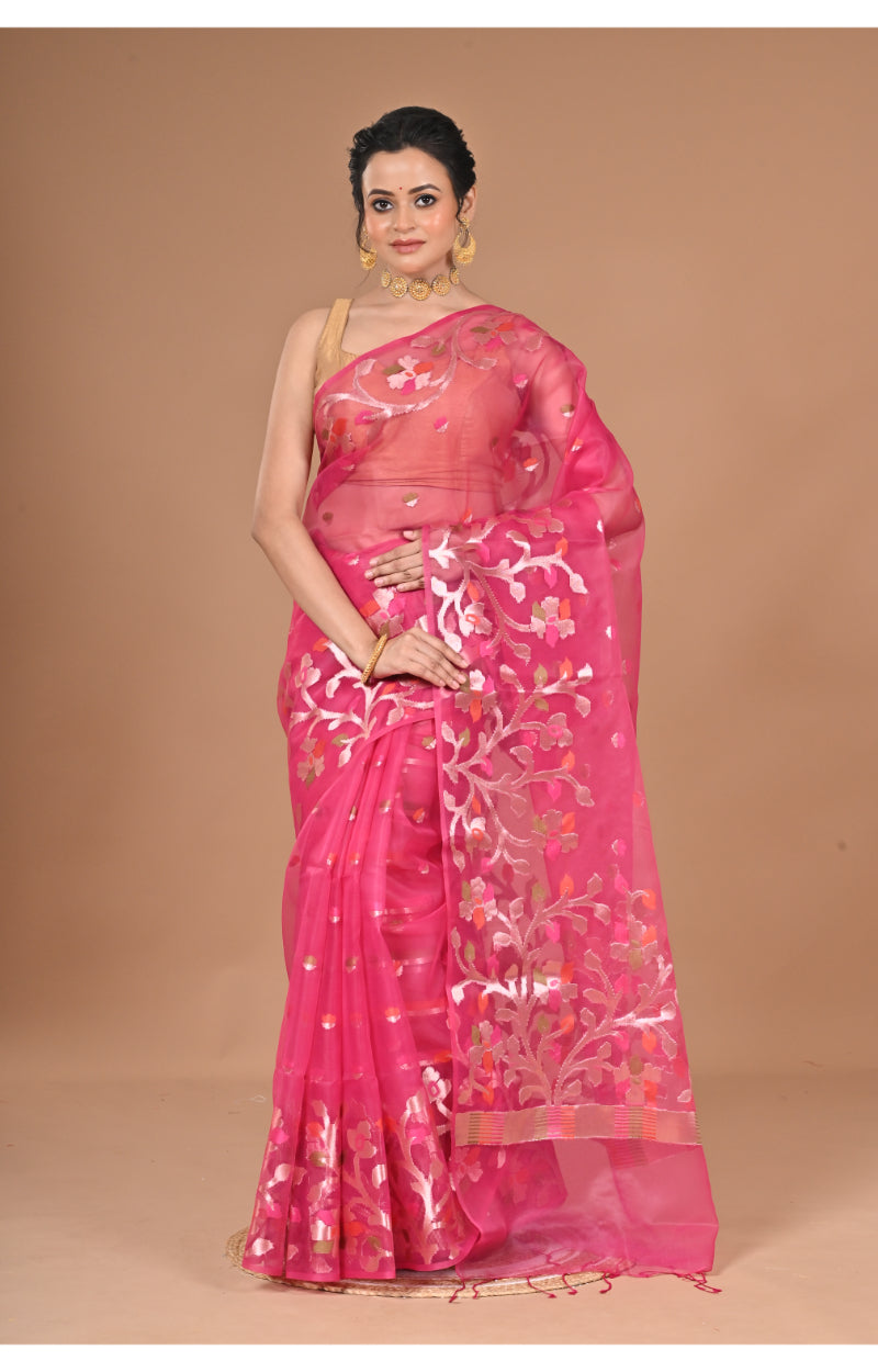 Morchari Semi Orzanga Jamdani Silk Saree-Rani Pink | Grocsy