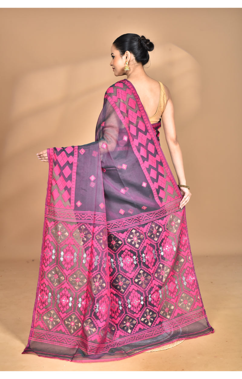 Morchari Pure Cotton Dhakai Jamdani Handloom Saree-Magenta | Grocsy