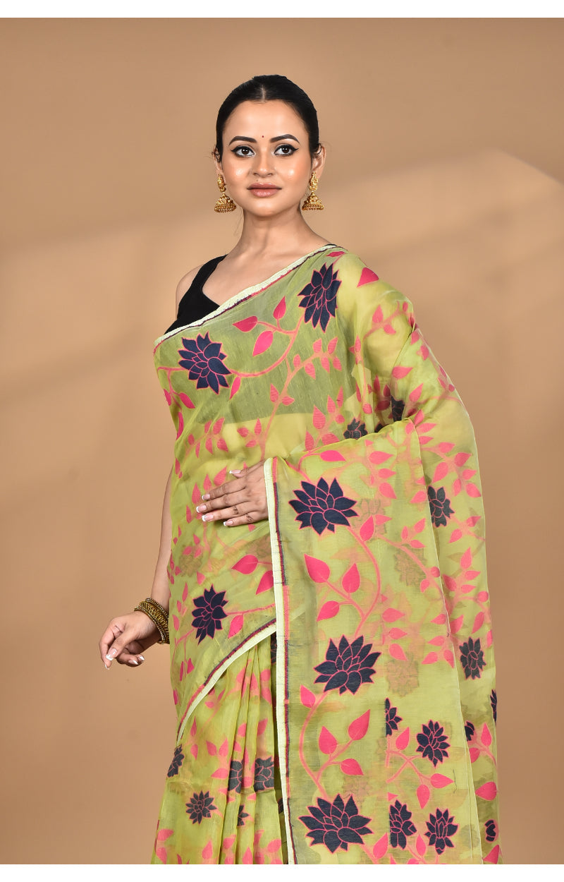 Morchari Pure Cotton Dhakai Jamdani Handloom Saree-Green | Grocsy