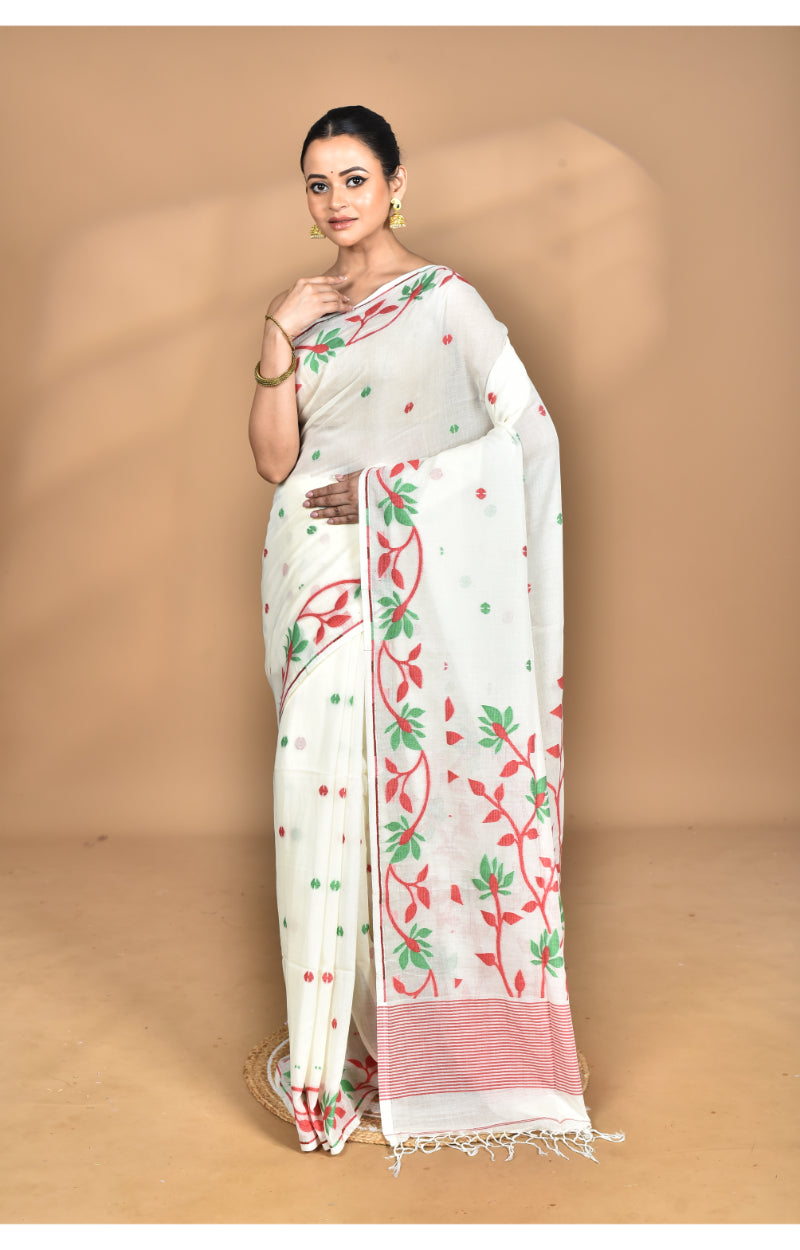 Morchari Pure Cotton Dhakai Jamdani Handloom Saree-Off White | Grocsy