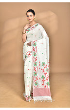 Morchari Pure Cotton Dhakai Jamdani Handloom Saree-Off White | Grocsy